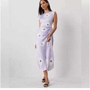 Ann Taylor Lavender Floral Midi Ruched Dress With Cap Sleeves Size 16